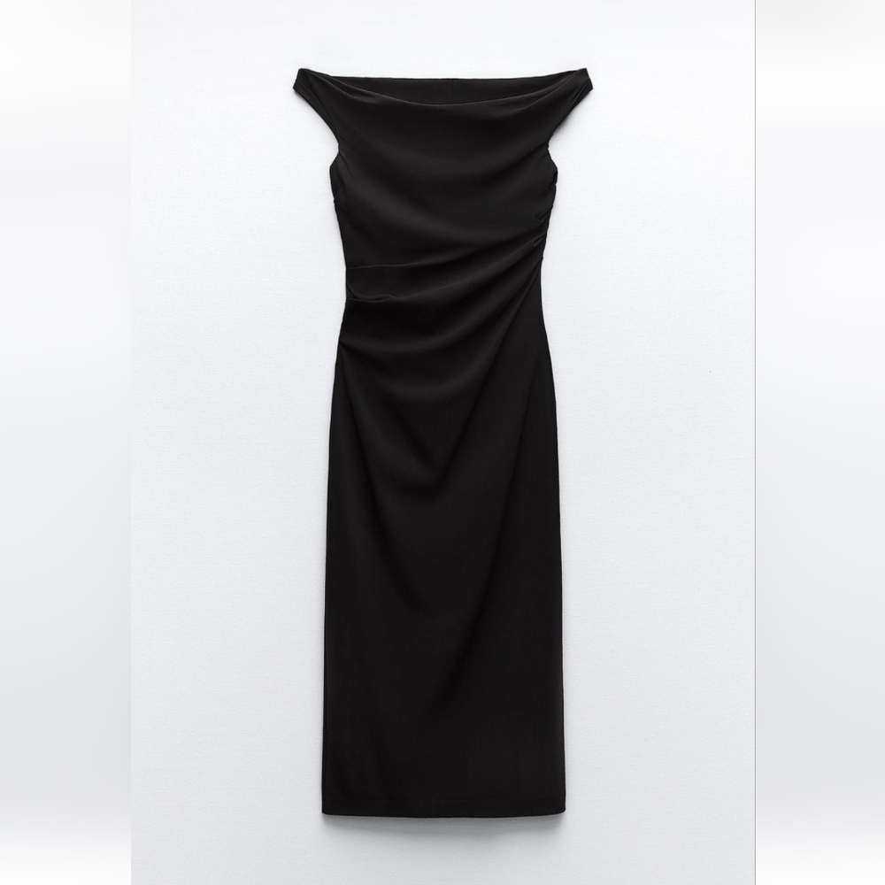 Elegant Black Off-Shoulder Midi Draped Dress